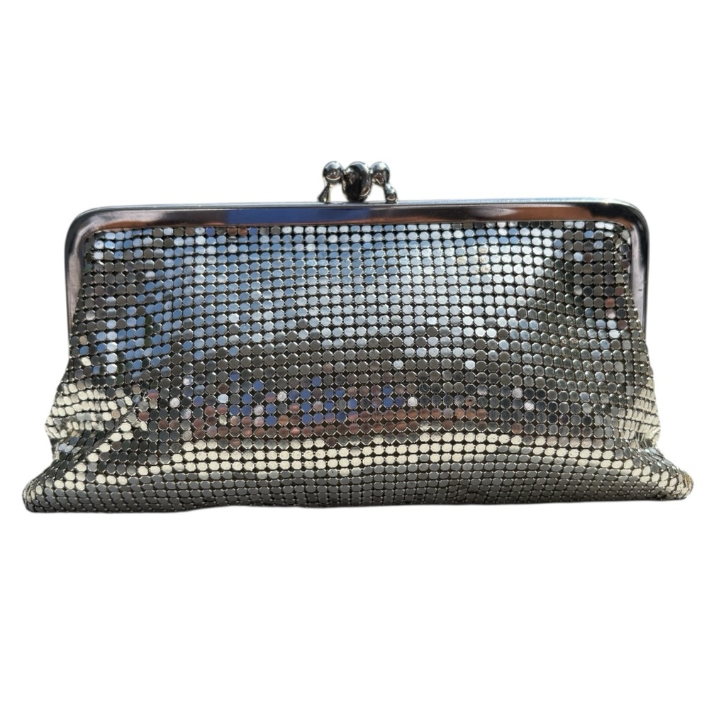 Vintage Whiting & Davis Art Deco Silver Mesh Double Kisslock Coin Purse Clutch